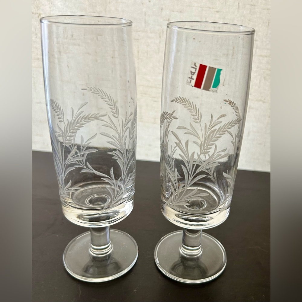 2 vintage, etched, wheat patterned, glasses. Italian, circa 1950s